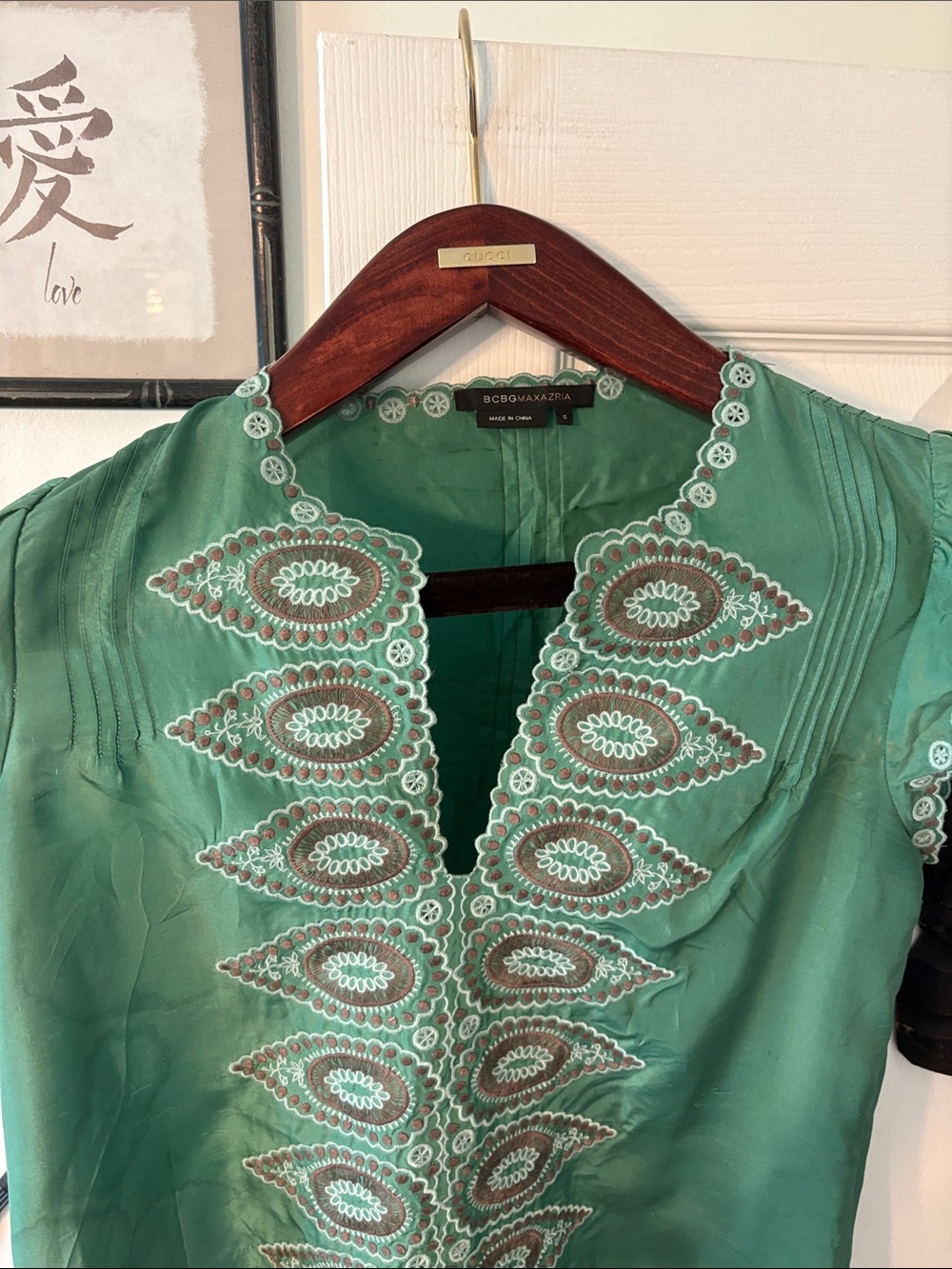 BCBGMaxAzria Teal Green Embroidered V-Neck Tunic Top